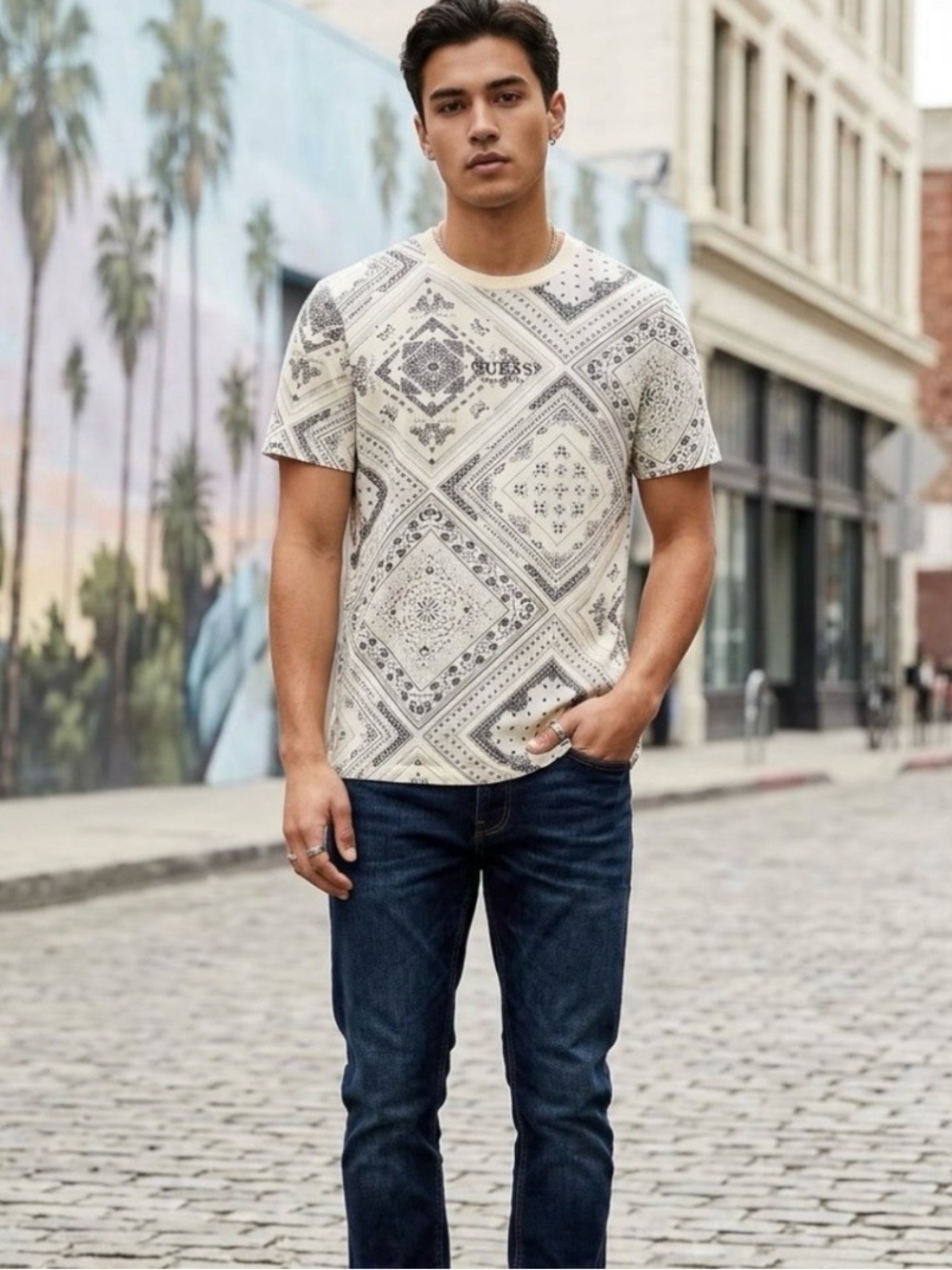 GUESS Cream Bandana-Print Short Sleeve Tee with Black Paisley Design
